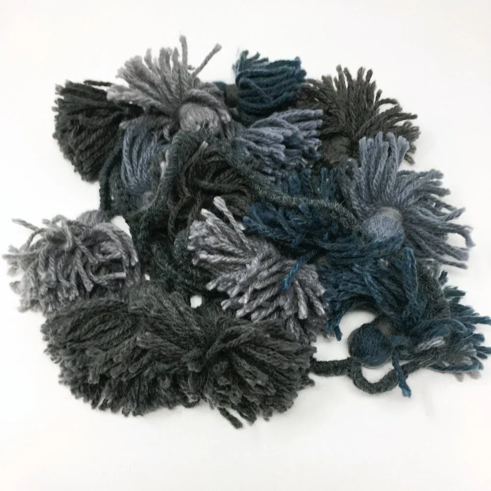 Handmade Grey Steel Blue Wool Tassel Crocheted Cord Folk Art Garland